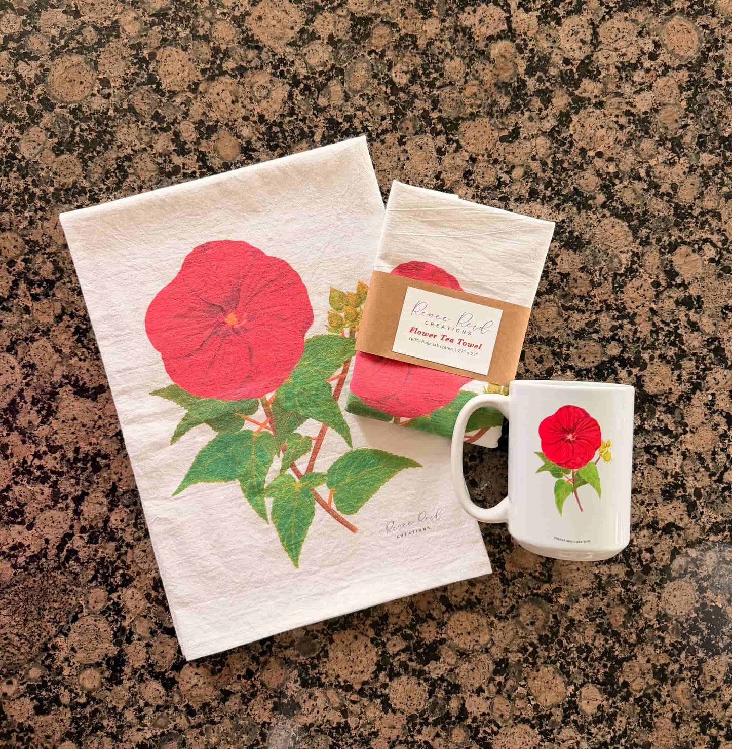Red Hibiscus Floral Cotton Tea Towel
