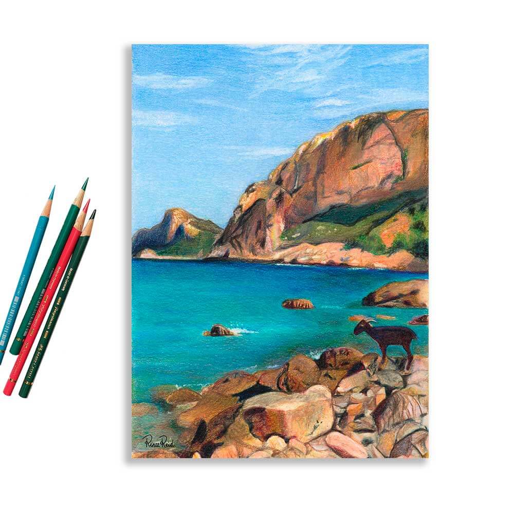 Renee Reid art print of a a goat on a rocky seaside beach with cliffs in the background and colored pencils on the left