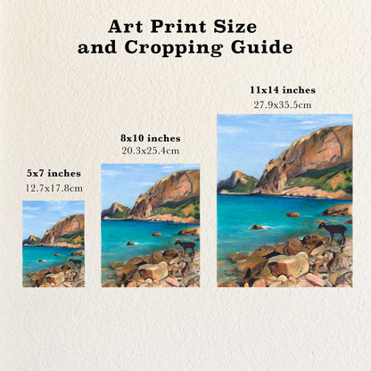 Size and cropping guide showing different sizes of art prints based on a coastal goat drawing by Renee Reid