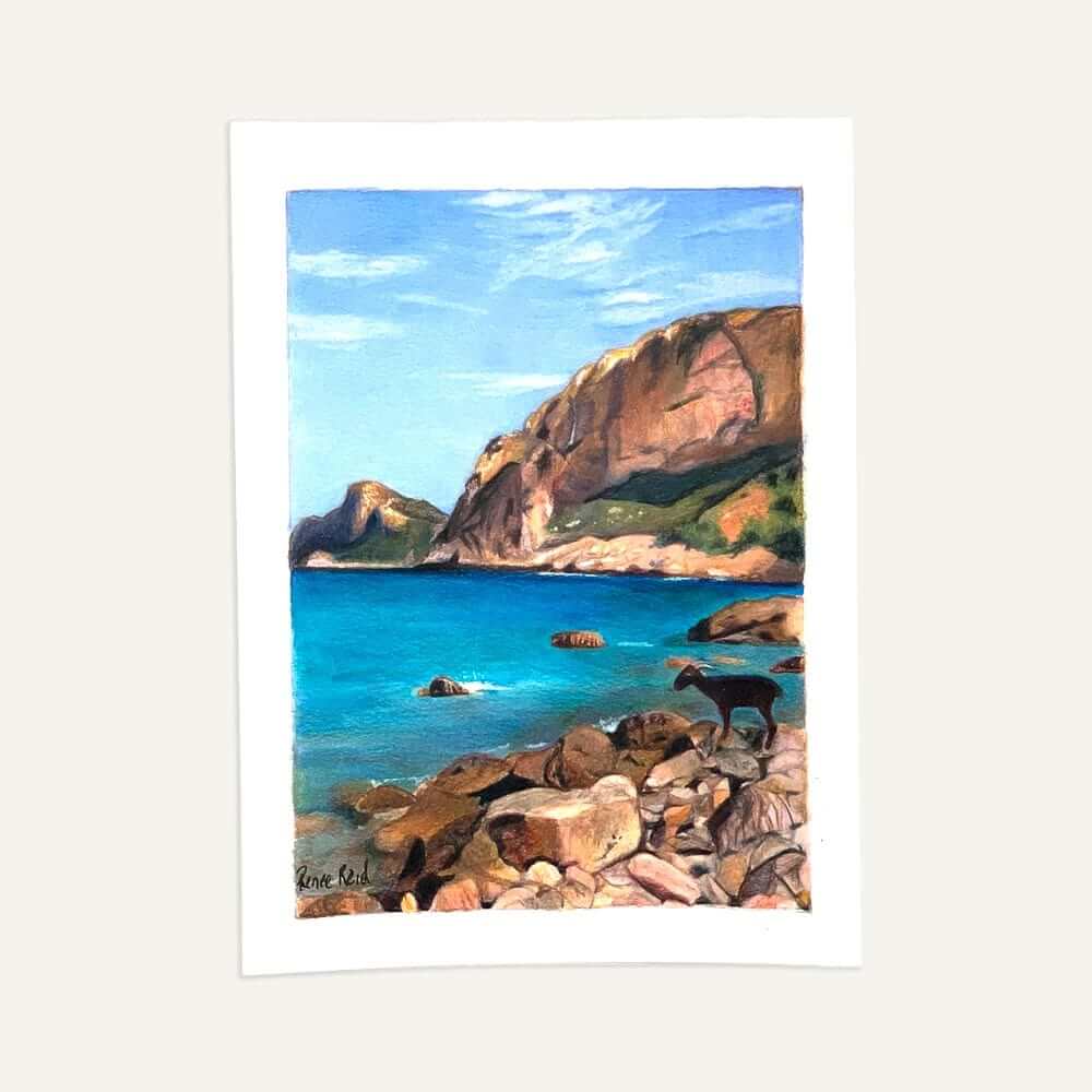 Renee Reid original art of a goat on a rocky seaside beach with cliffs in the background 