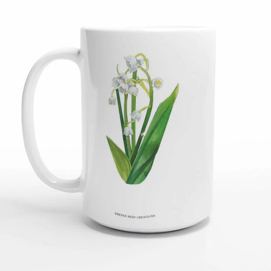 Lily of the Valley Flower Mug 15oz featuring delicate botanical art of lily of the valley flowers on a white background.