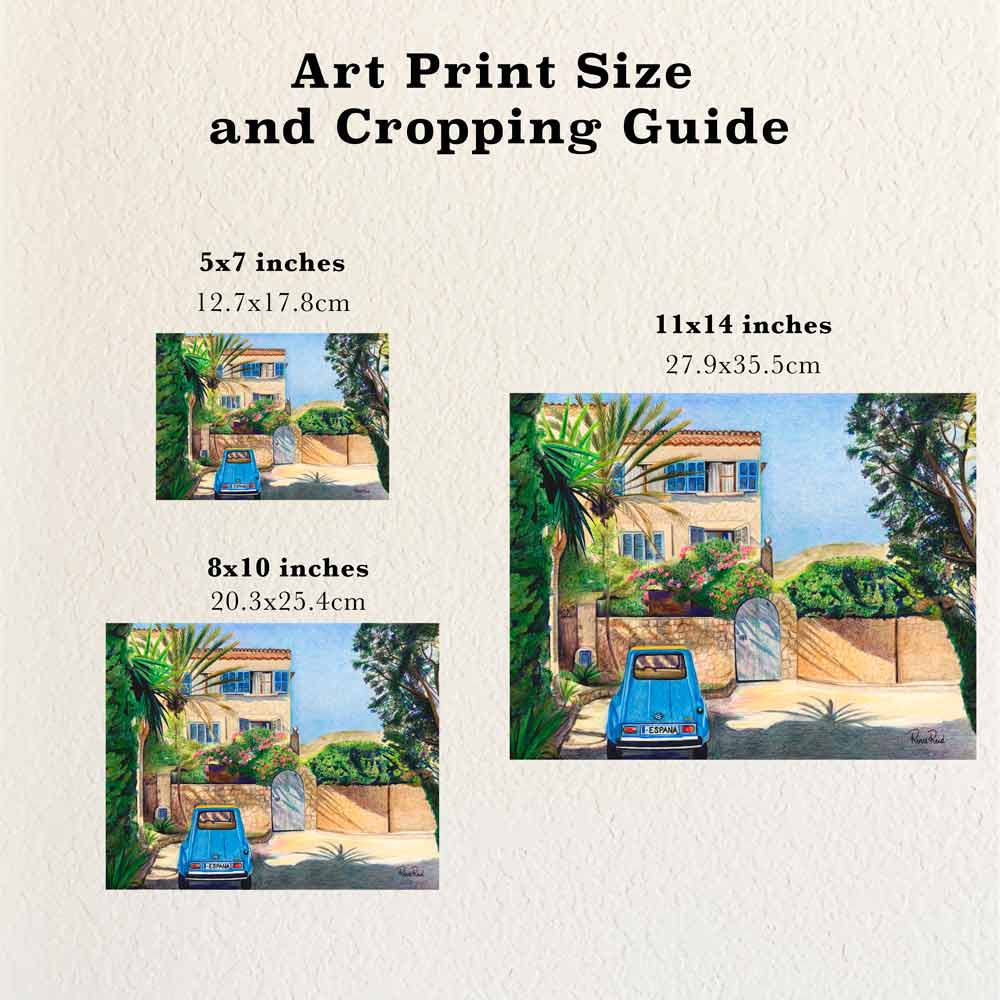 Size and cropping guide showing different sizes of art prints based on a vacation home drawing by Renee Reid