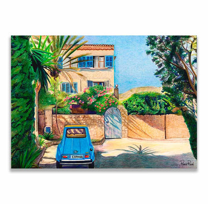 Renee Reid art print of a country home surrounding by trees with a parked blue car in front