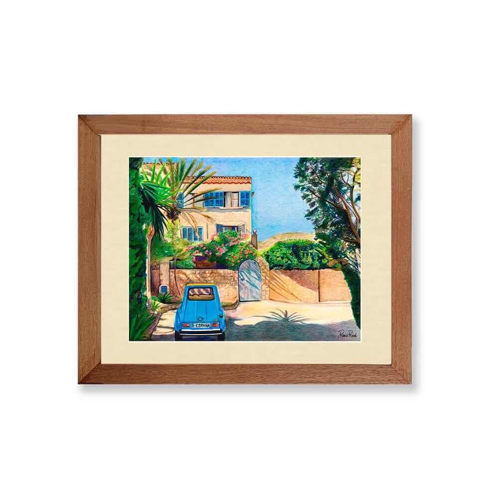 Renee Reid framed art print of a country home surrounding by trees with a parked blue car in front