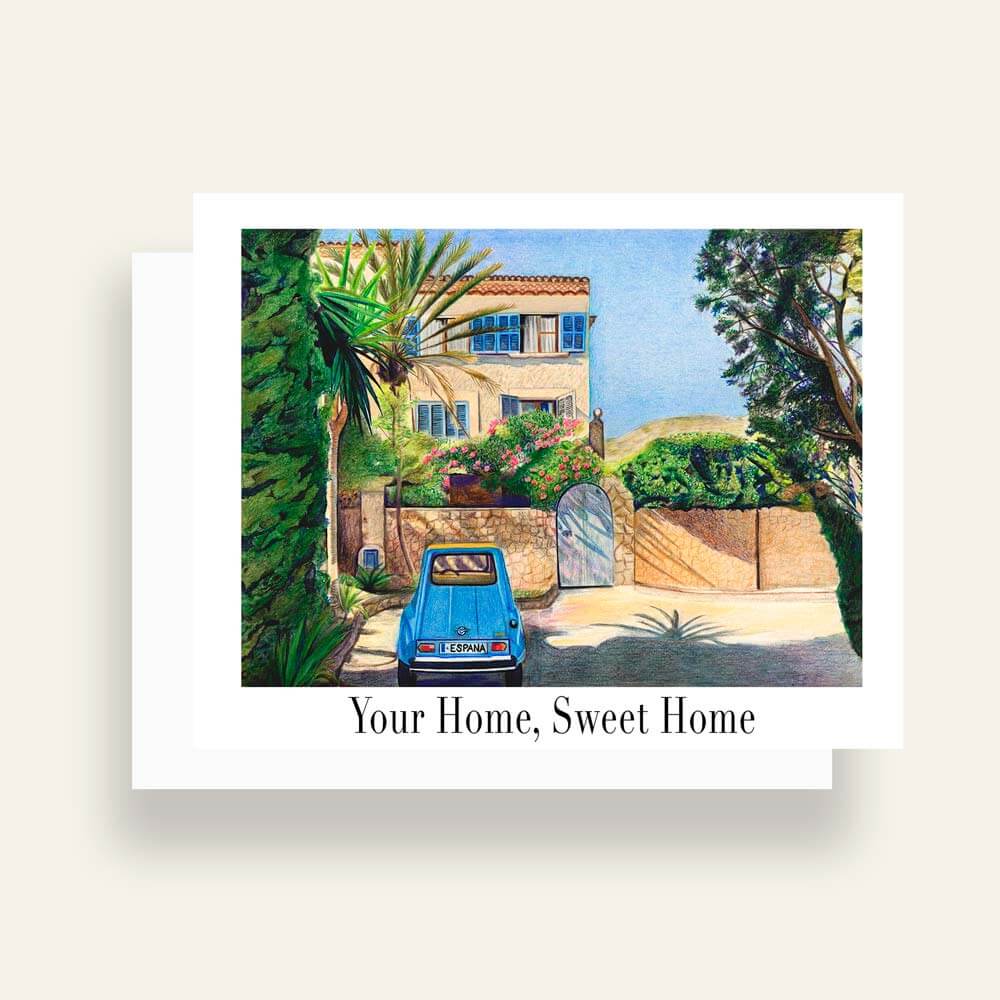 Close up of greeting card with generic text and art of a country home surrounding by trees with a parked blue car in front