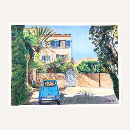 Renee Reid original art of a country home surrounding by trees with a parked blue car in front
