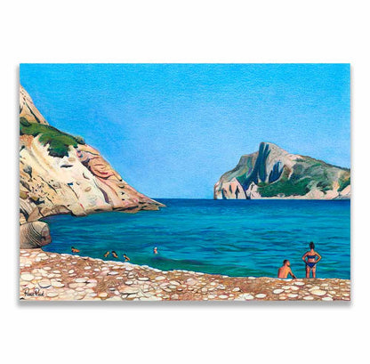 Renee Reid art print of a beach drawing with a woman, a man, rocky beach, blue sky and cliffs and others swimming