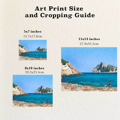 Size and cropping guide showing different sizes of art prints based on a beachside drawing by Renee Reid