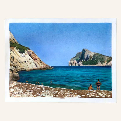 Renee Reid original art of a beach drawing with a woman, a man, rocky beach, blue sky and cliffs and others swimming