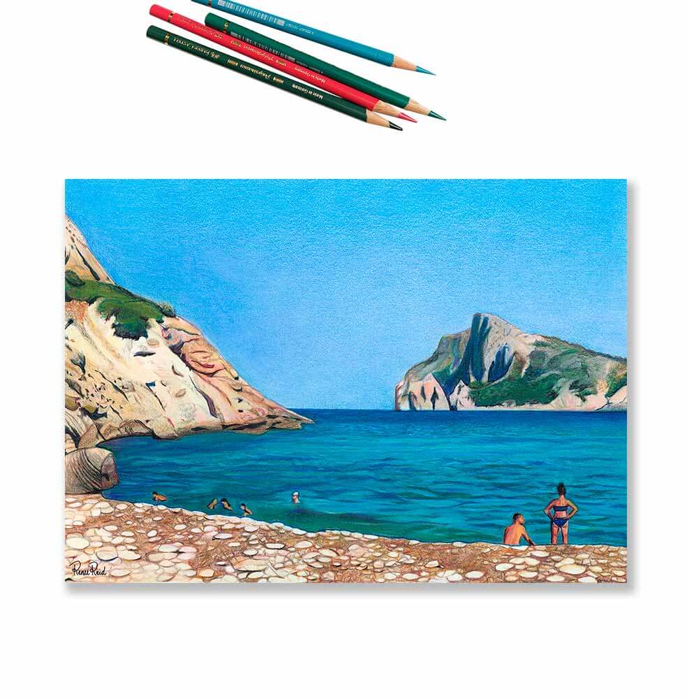 Renee Reid art print of a beach drawing with a woman, a man, rocky beach, blue sky and cliffs with colored pencils on top