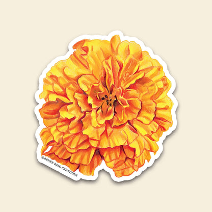 Orange Marigold Flower Vinyl Sticker featuring vibrant yellow and orange petals, perfect for journals or laptops.