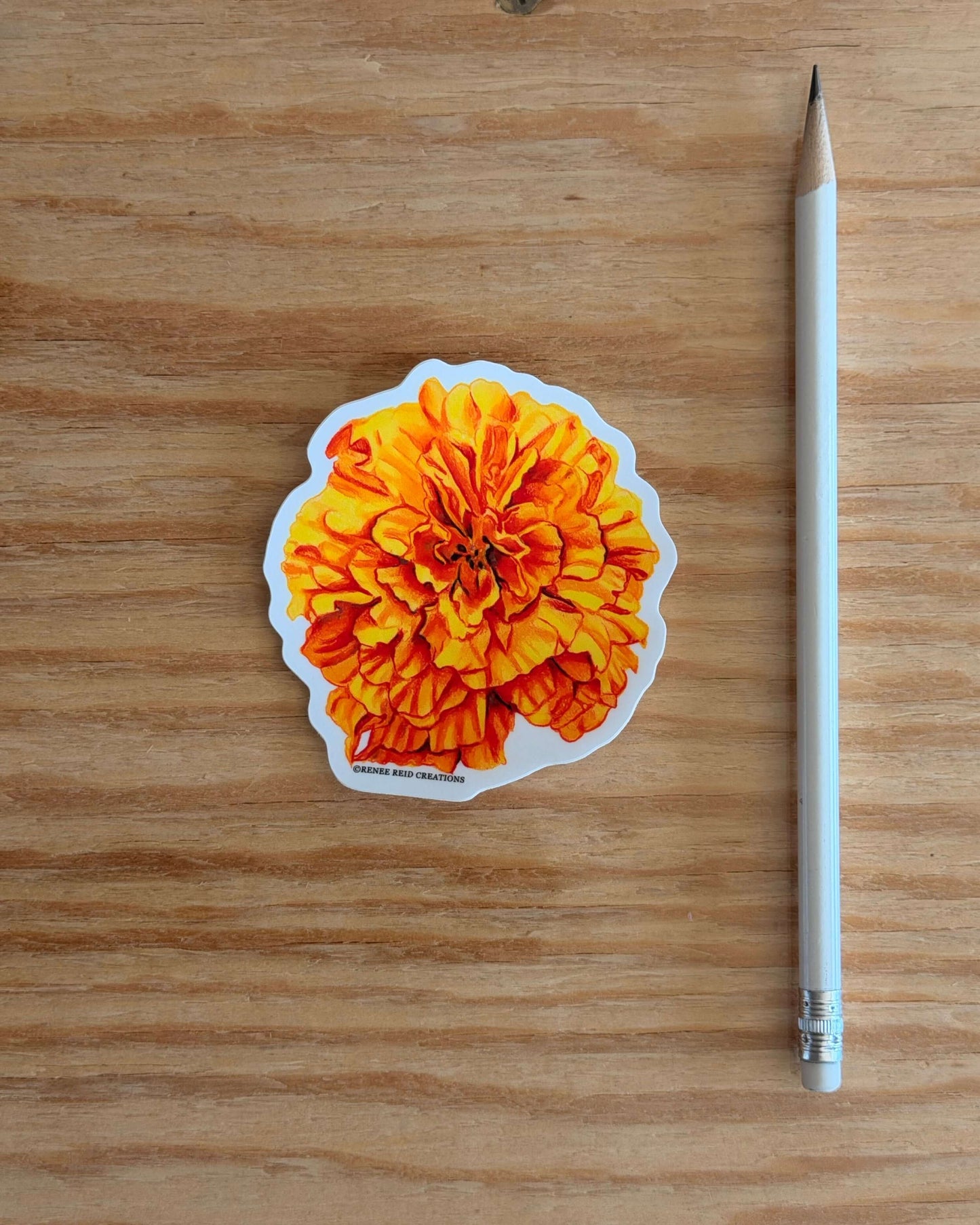 Orange Marigold Flower Vinyl Sticker on a wooden surface with a pencil next to it