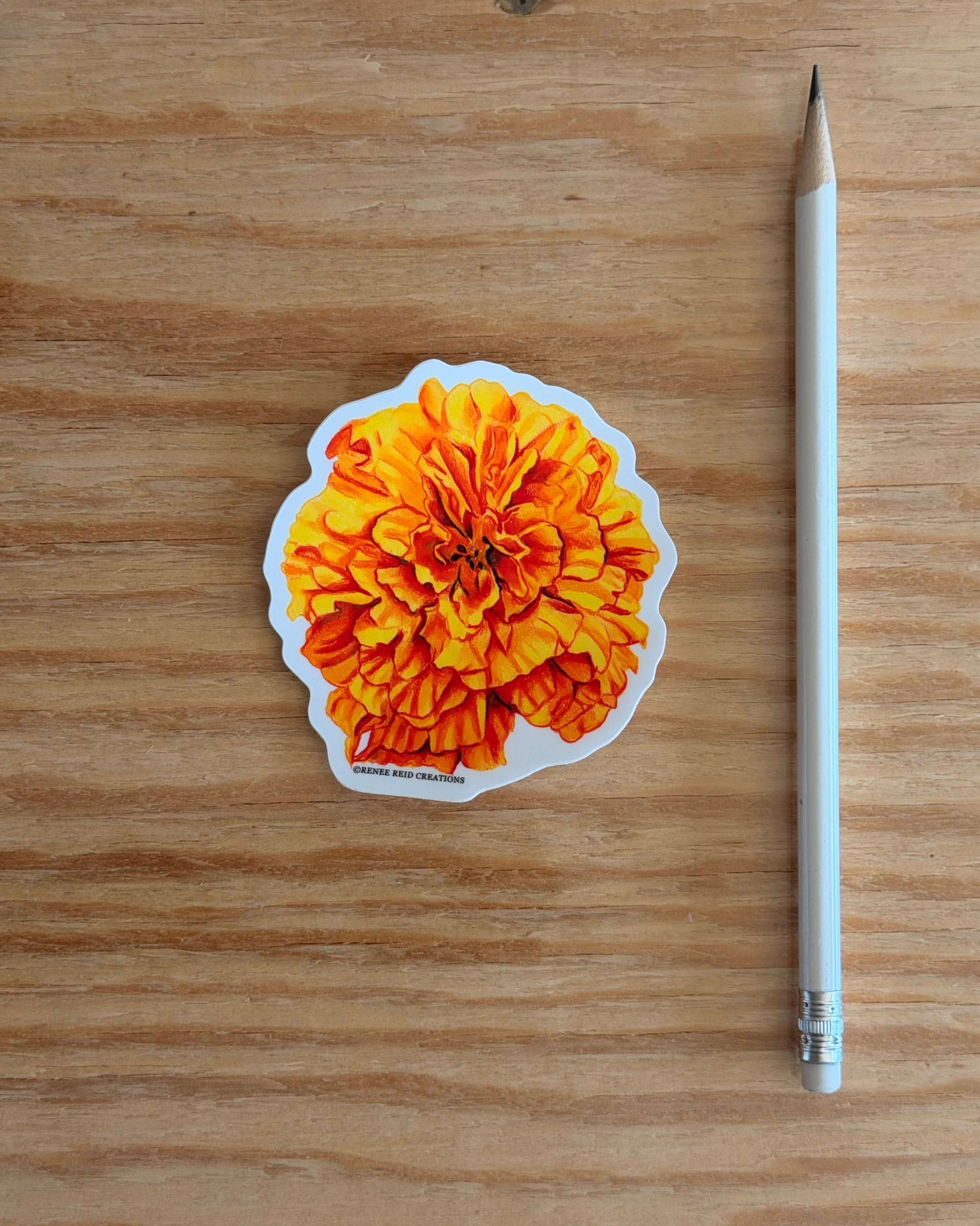 Orange Marigold Flower Vinyl Sticker on a wooden surface with a pencil next to it
