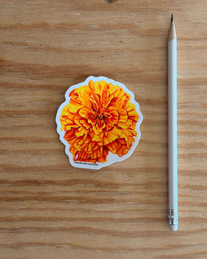 Orange Marigold Flower Vinyl Sticker on a wooden surface with a pencil next to it