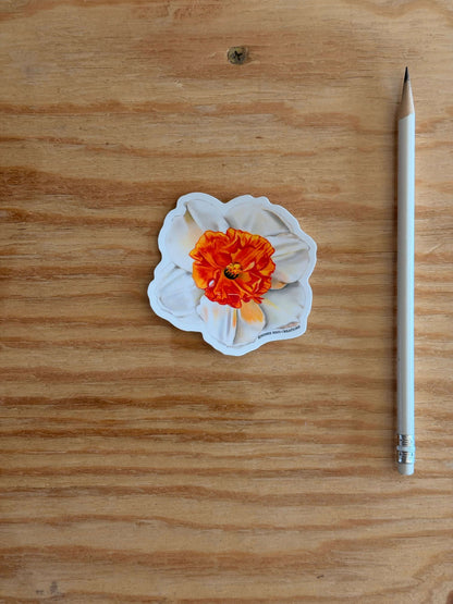 Orange Narcissus Flower Vinyl Sticker on a wooden surface next to a pencil