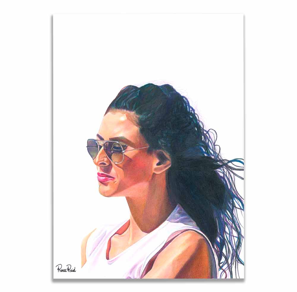 Renee Reid art print of a woman with a pensive look wearing sunglasses peering into the distance