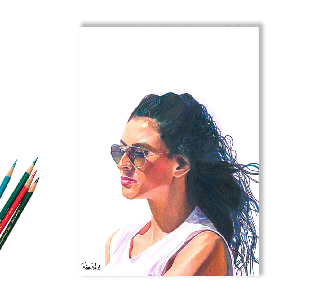 Renee Reid art print of a woman with a pensive look wearing sunglasses peering into the distance