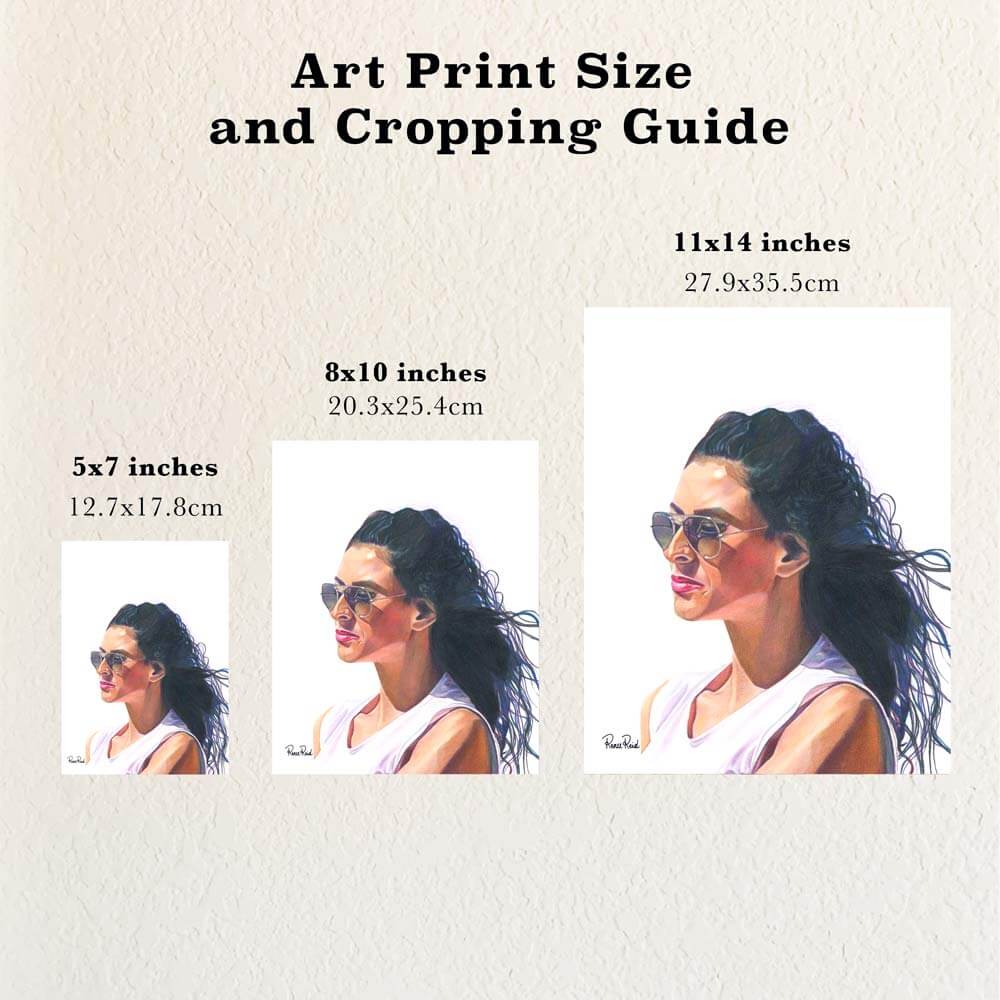 Size and cropping guide showing different sizes of art prints based on a portrait drawing by Renee Reid