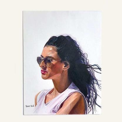 Renee Reid original art of a woman with a pensive look wearing sunglasses peering into the distance