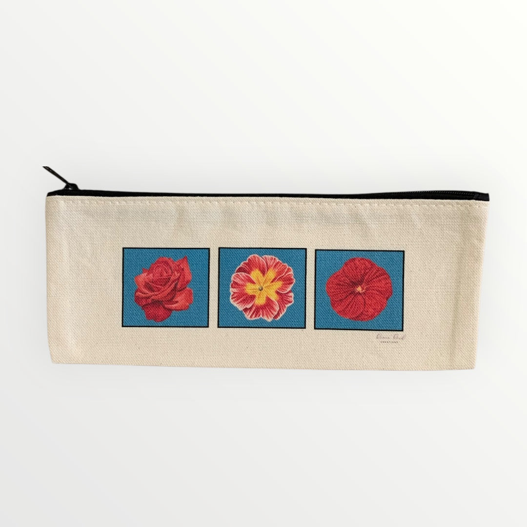 Floral Cotton Canvas Pencil Pouch featuring three floral artworks by Renee Reid.