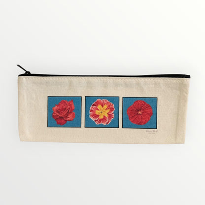 Floral Cotton Canvas Pencil Pouch featuring three floral artworks by Renee Reid.