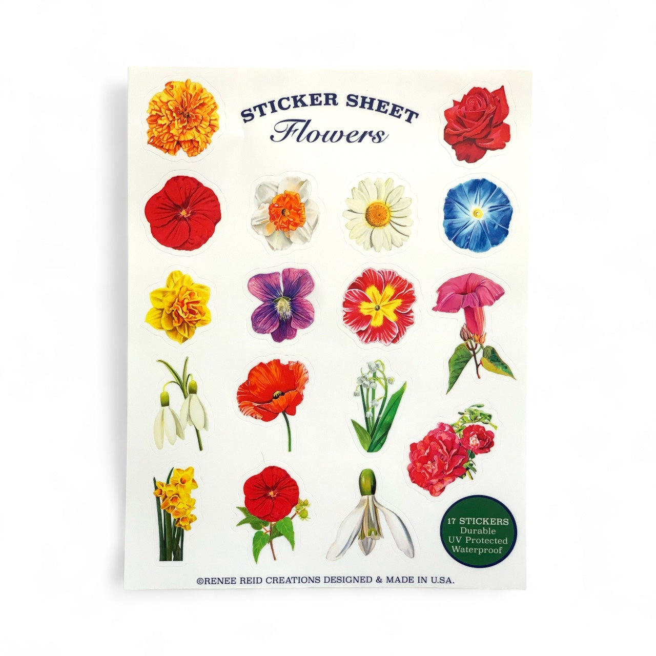 Xtra-Large Flower Sticker Sheet featuring 17 colorful flower designs on an 8.5x11-inch sheet.