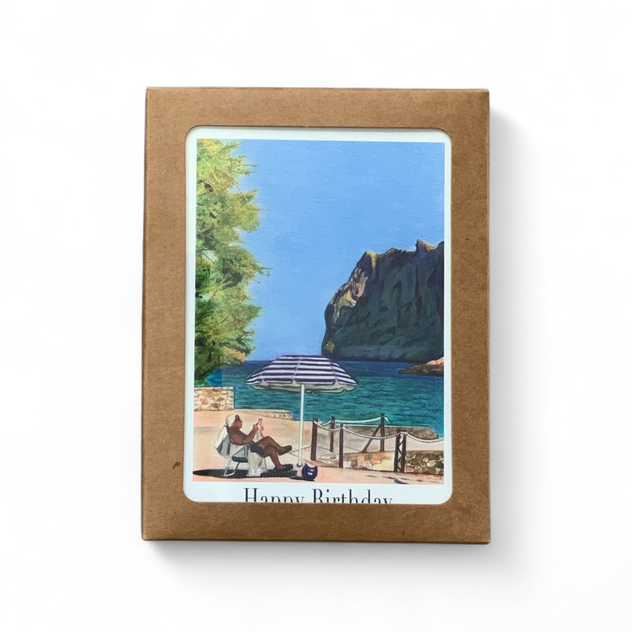 Mallorca Blues Best Sellers Greeting Card Set featuring a beach scene with a birthday message.