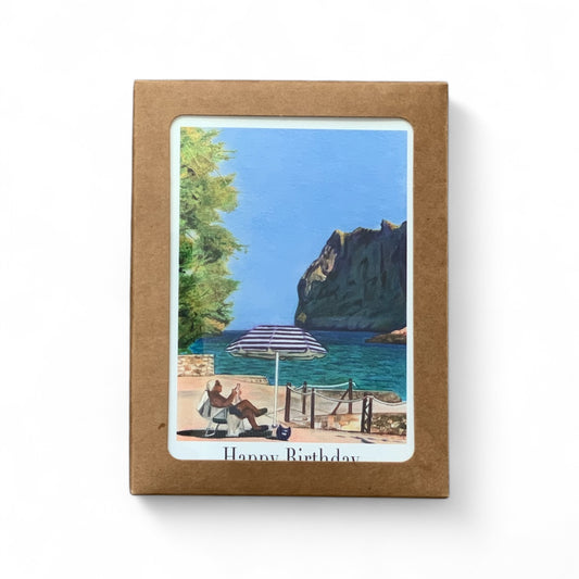Mallorca Blues Best Sellers Greeting Card Set featuring a beach scene with a birthday message.