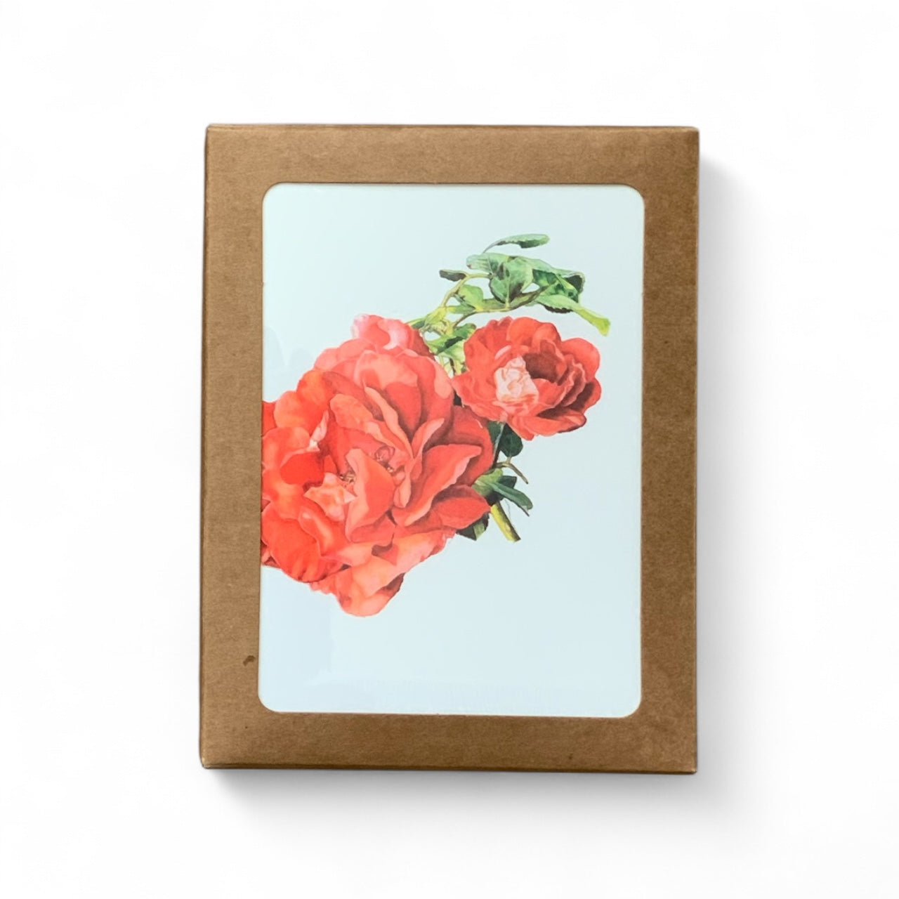Floral Greeting Card Boxed Set featuring vibrant red roses on a light blue background in a kraft paper box.