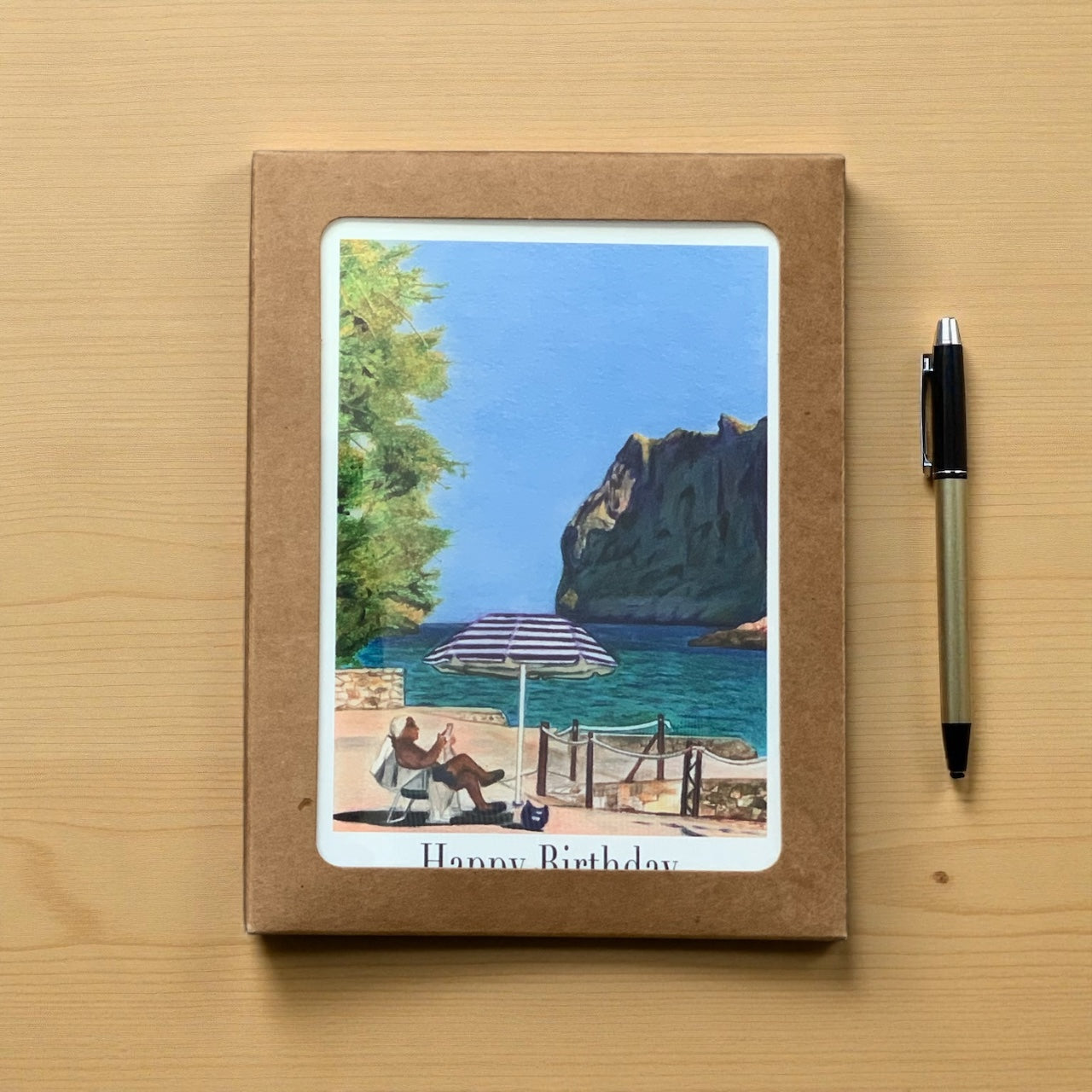 Mallorca Blues Best Sellers Greeting Card Set featuring a serene beach scene with a birthday message.
