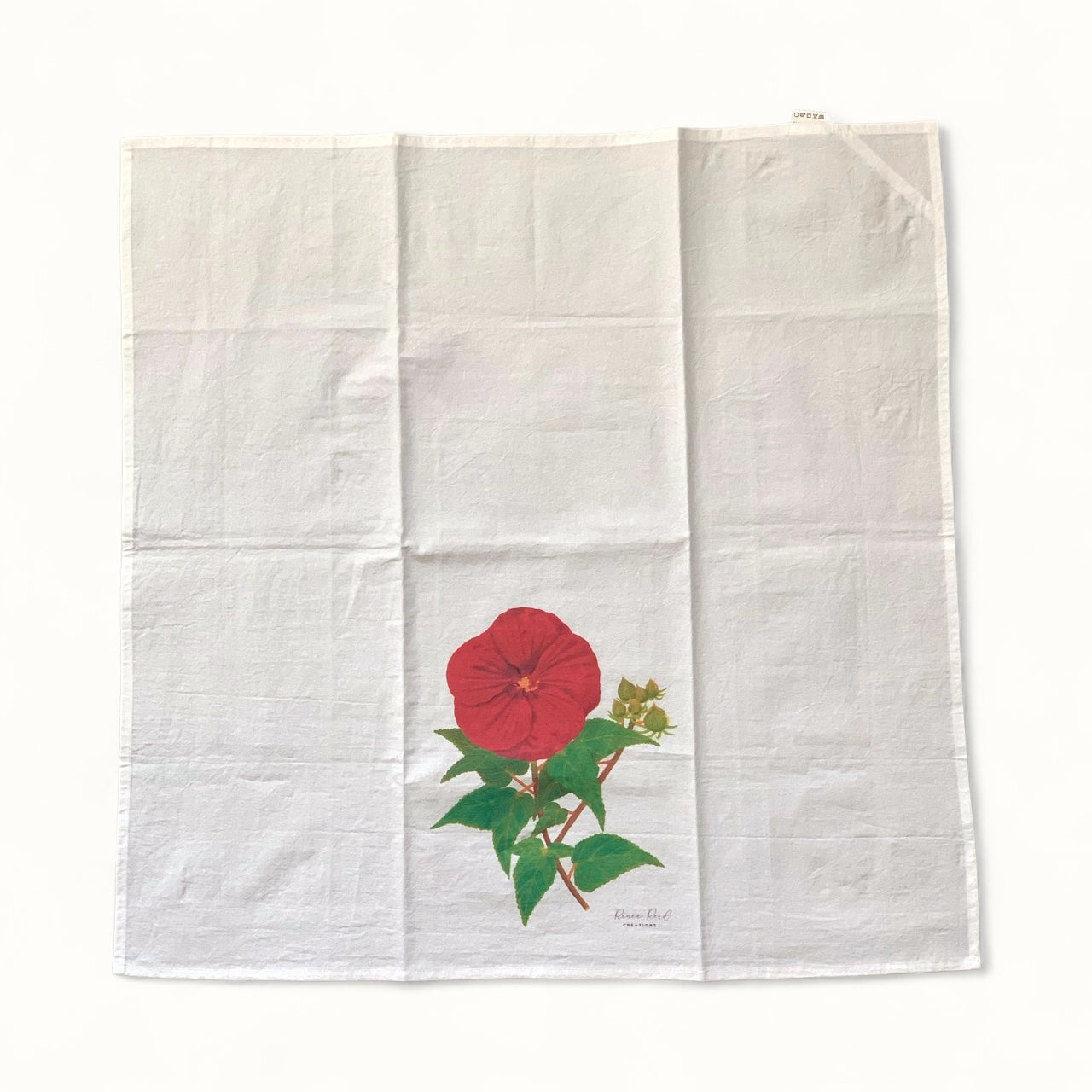 Red Hibiscus Floral Cotton Tea Towel opened up and flat 