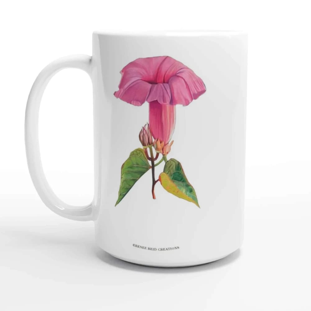 White mug with a pink flower design on a white background