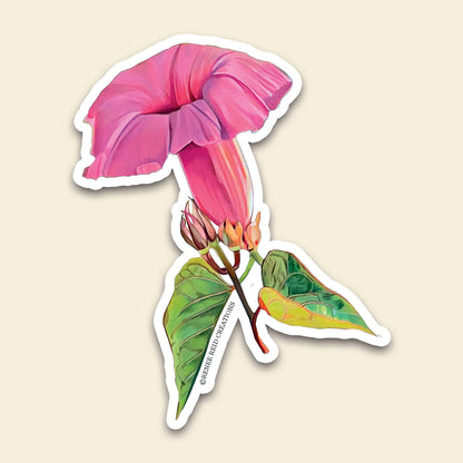 Pink Morning Glory Flower Vinyl Sticker showcasing vibrant pink flower and green leaves.