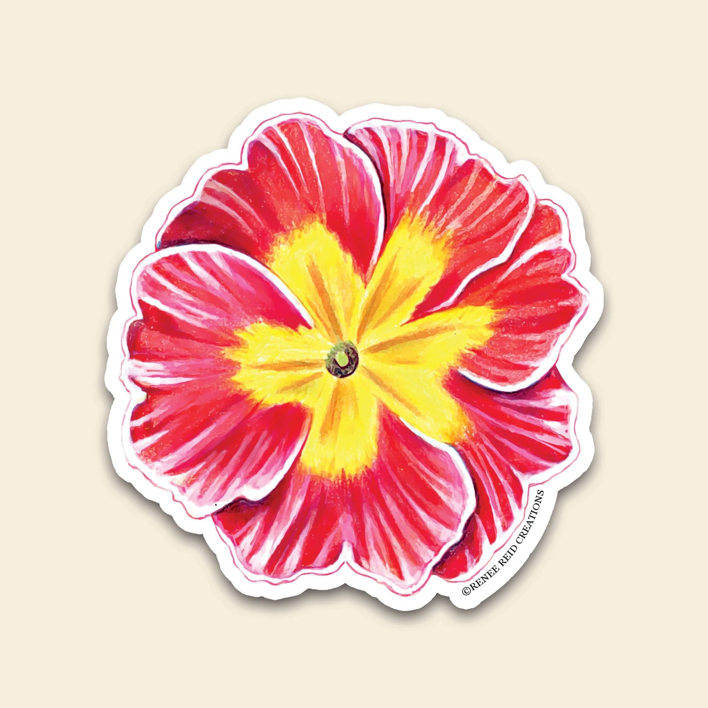 Pink Primrose Flower Vinyl Sticker featuring vibrant red and yellow flower design, ideal for decorating personal items.