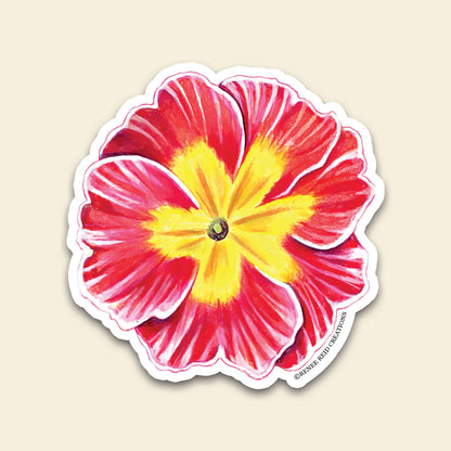 Pink Primrose Flower Vinyl Sticker featuring vibrant red and yellow flower design, ideal for decorating personal items.