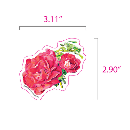 A die-cut sticker featuring a watercolor-style pink rose floral design with green leaves, shown on a white background with dimension lines and text indicating 3.11 inches by 2.