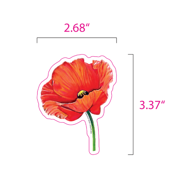 A poppy flower sticker or decal shown on a white background with pink measurement brackets and text indicating dimensions 2.68 inches wide and 3.