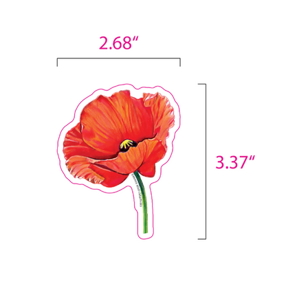 A poppy flower sticker or decal shown on a white background with pink measurement brackets and text indicating dimensions 2.68 inches wide and 3.