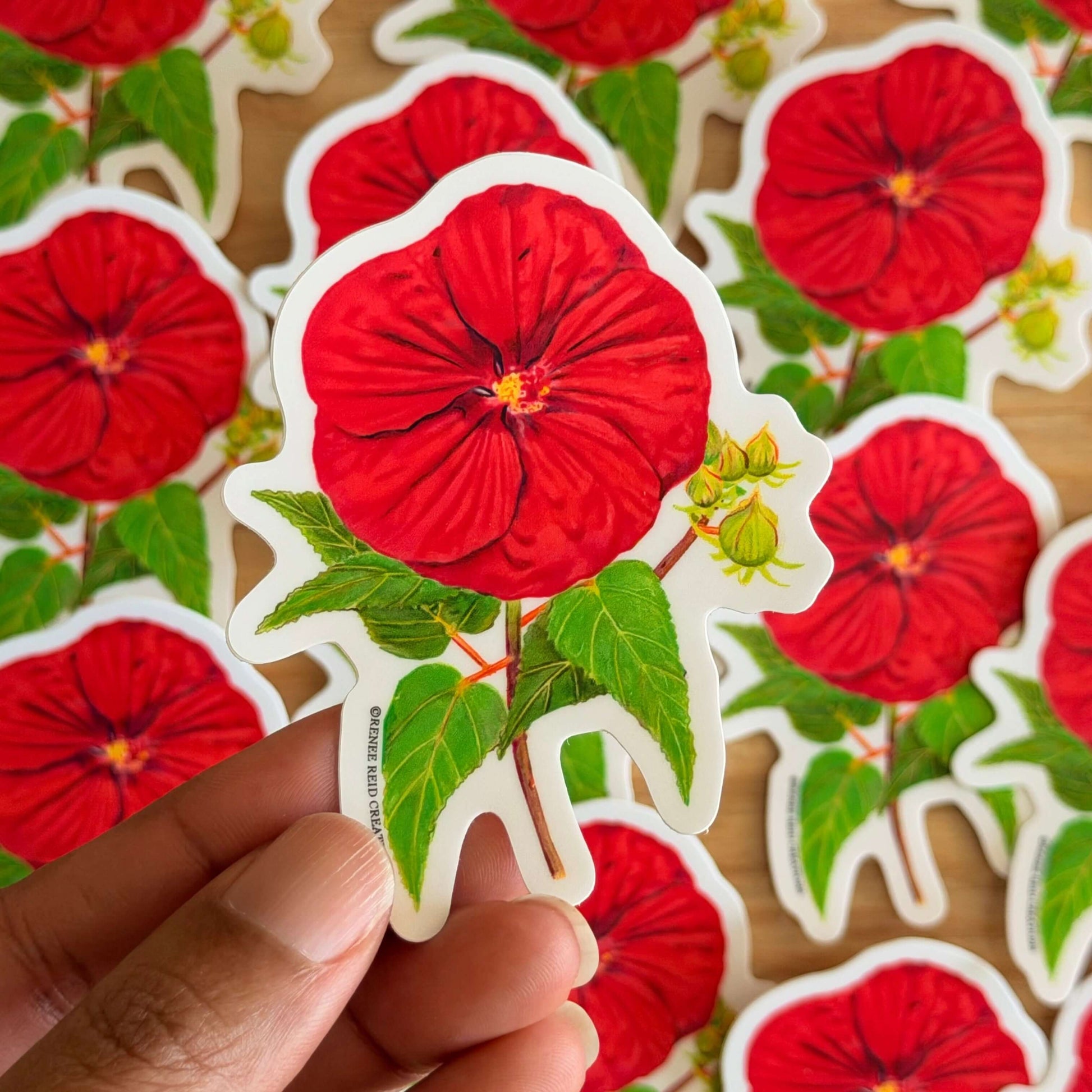 Hand holding a Red Hibiscus Flower Sticker with more stickers in the background on a wooden surface