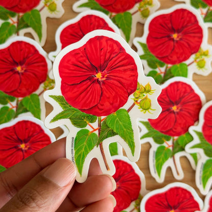 Hand holding a Red Hibiscus Flower Sticker with more stickers in the background on a wooden surface