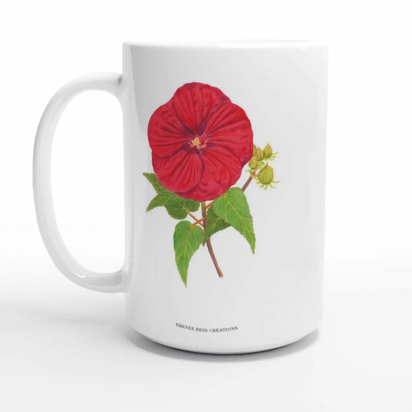 Red Hibiscus Flower Mug showcasing vibrant red hibiscus flower design and green leaves, perfect for tropical decor.