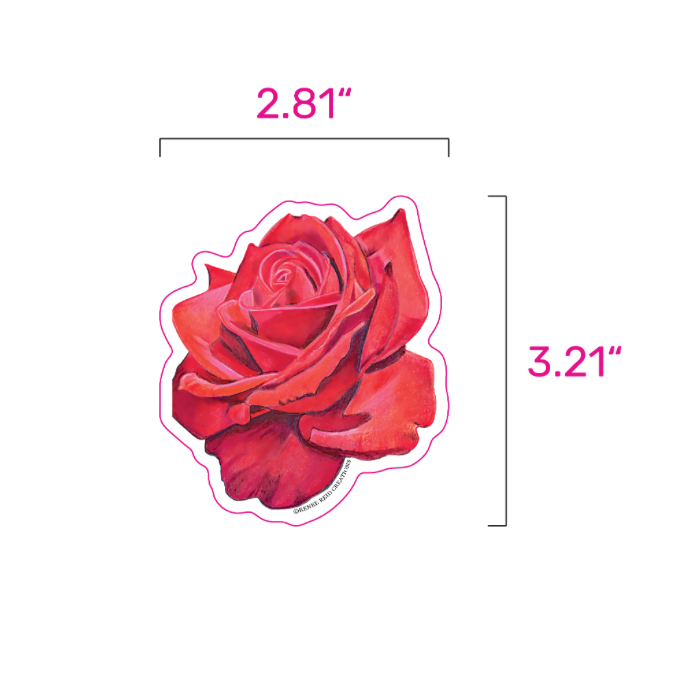 A die-cut sticker of a red rose on a white background, with pink measurement brackets and text showing dimensions of 2.81 inches by 3.