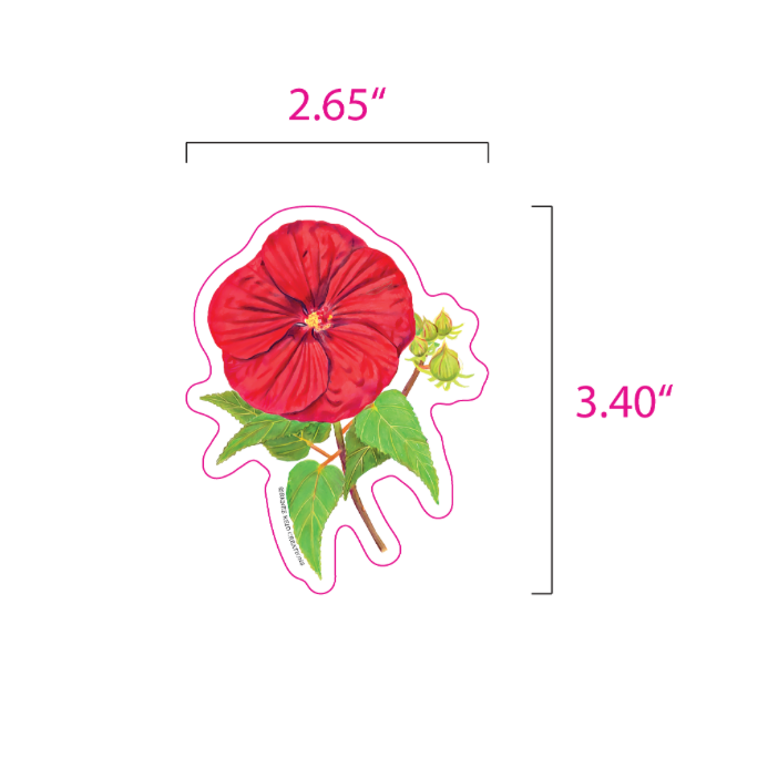 A die-cut sticker featuring a red hibiscus flower with green leaves and small yellow-green buds, shown on a white background with pink dimension lines and text indicating 2.65 inches by 3.