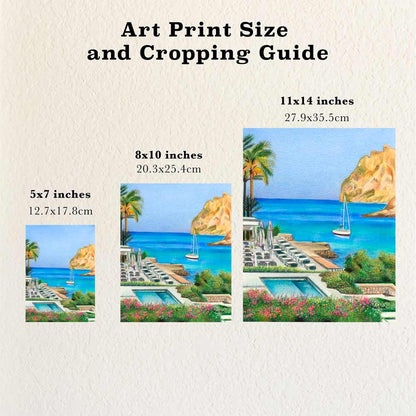 Size and cropping guide showing different sizes of art prints based on a beachside drawing by Renee Reid