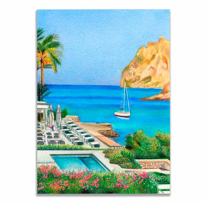 Renee Reid art print of a view of an ocean resort with cliffs, beach, boats and palm trees 