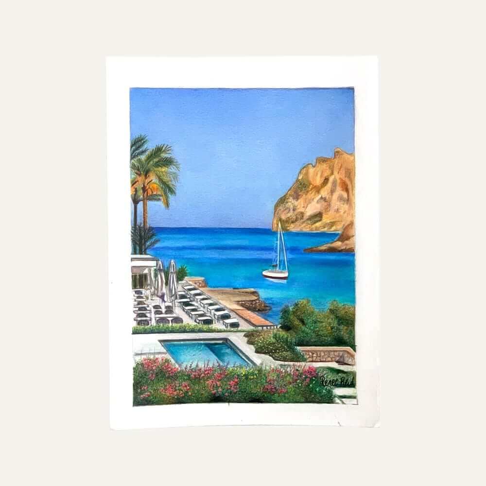 Renee Reid original artwork titled Serene with a view of an ocean resort with cliffs, beach, boats and palm trees 