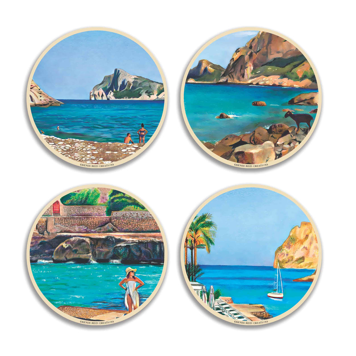 Set of four coasters with beach scenes on a white background from Renee Reid's Mallorca Collection. 