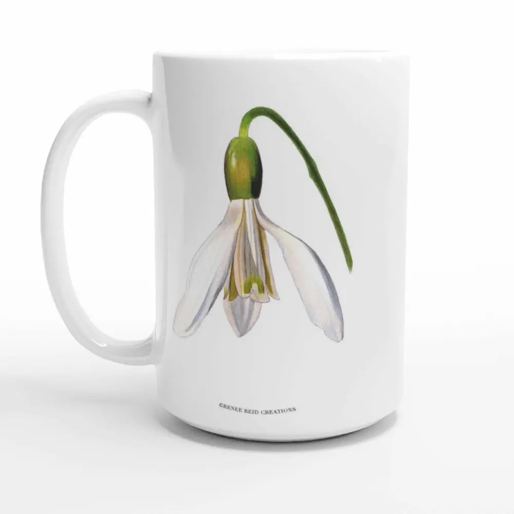 Snowdrop Flower Mug featuring a delicate snowdrop blossom illustration on a white background.