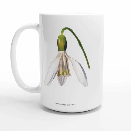 Snowdrop Flower Mug featuring a delicate snowdrop blossom illustration on a white background.