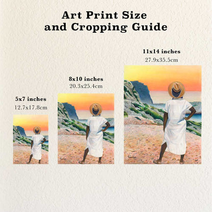 Size and cropping guide showing different sizes of art prints based on a sunset drawing by Renee Reid